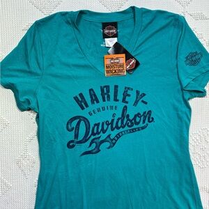 Harley-Davidson Teal V-Neck Logo Tee with Navy Print